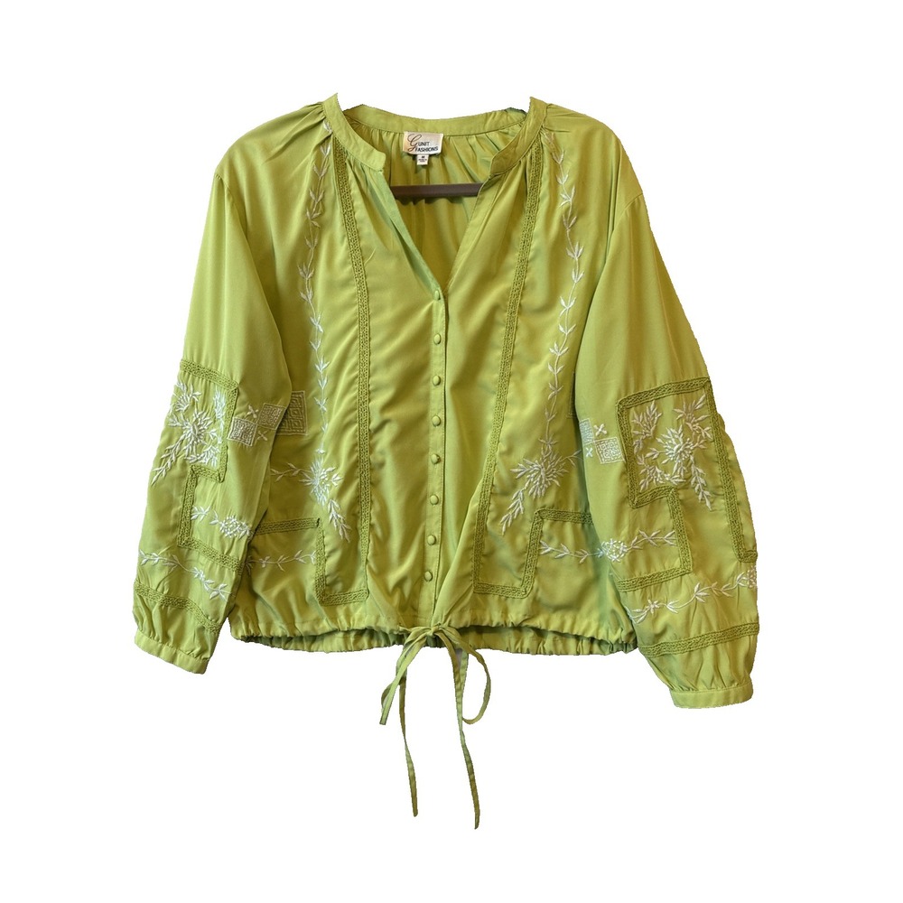 G‎ Unit Fashions Green Floral Embroidered Button Tie Blouson Top M Cottage Boho